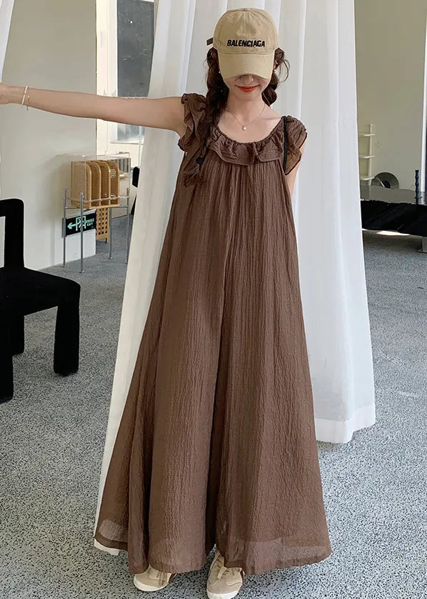 Coffee Ruffled High Waist Cotton Jumpsuit Sleeveless