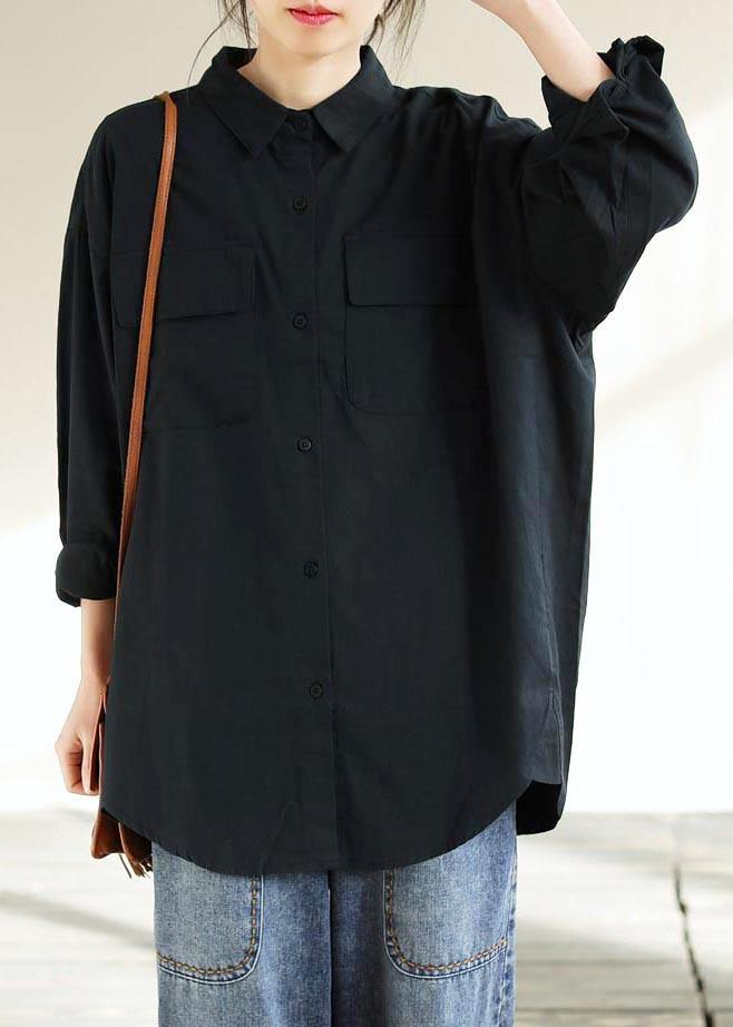 Italian Lapel Pockets Spring Tops Black Blouses