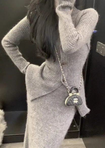 Slim Fit Grey V Neck Patchwork Knit Two Piece Set Clothing Fall