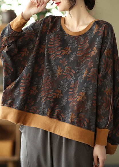 Loose Black O-neck Cotton Sweatshirt Top Batwing Sleeve