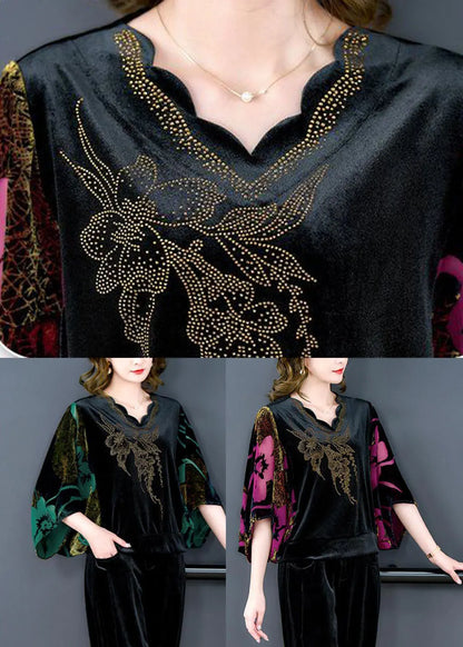 Rose Print Silk Velour Tops and Pants Two Pieces Set V Neck Batwing Sleeve