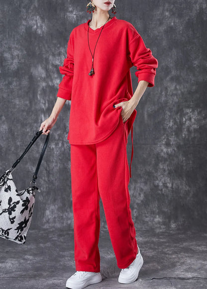 Red Oversized Drawstring Velour Sets 2 Pieces Fall