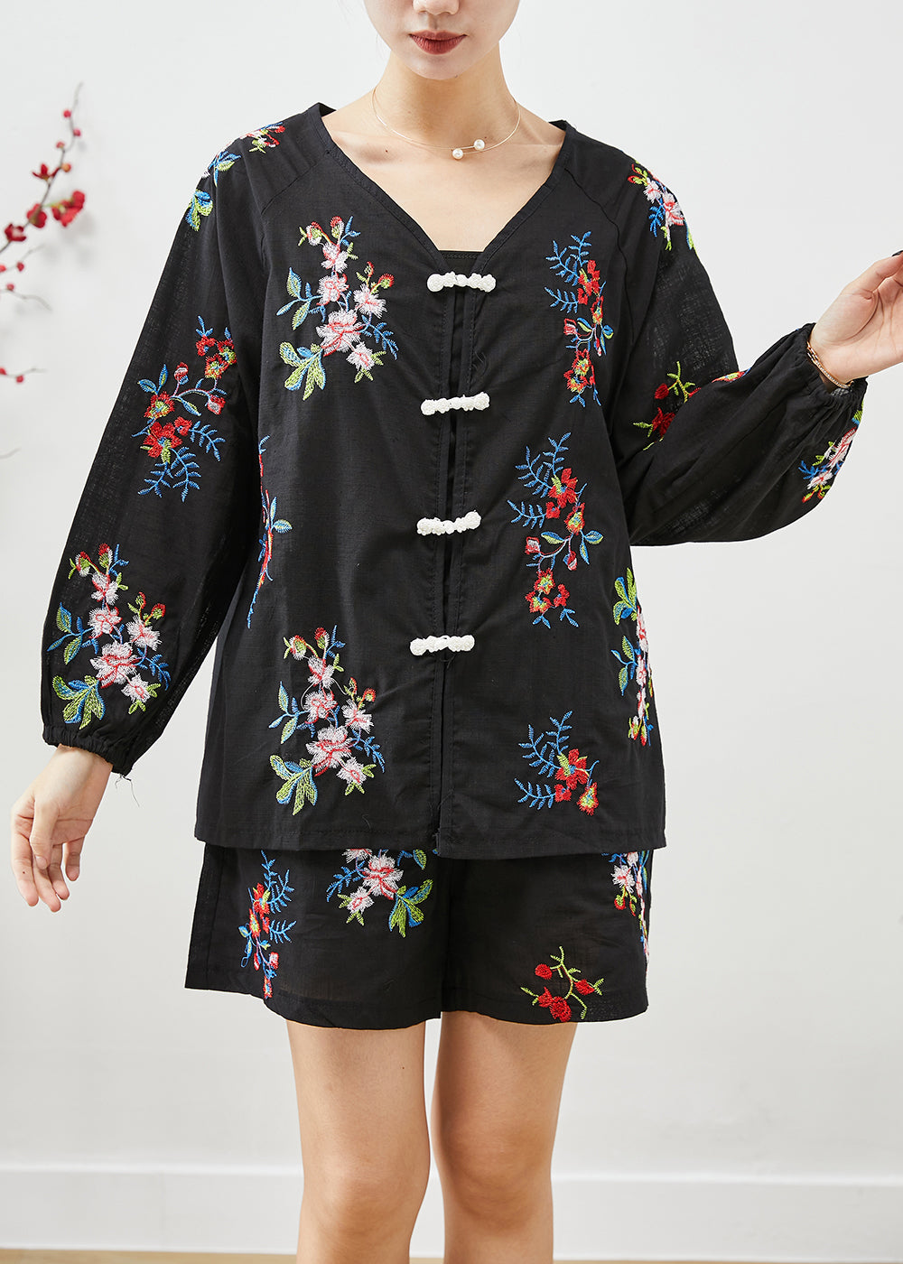 Black Embroideried Chinese Button Cotton Sets 2 Pieces Fall
