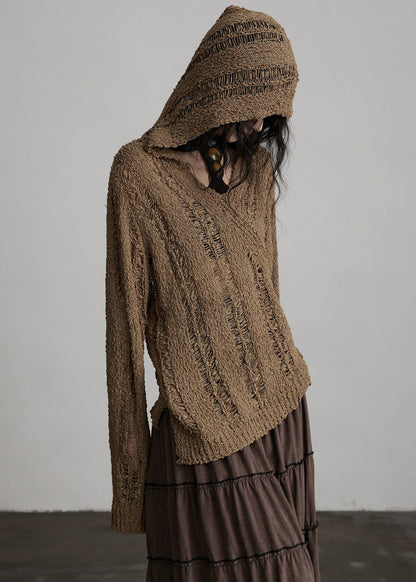 Brown Hooded Hollow Out Knit Loose Pullover Spring