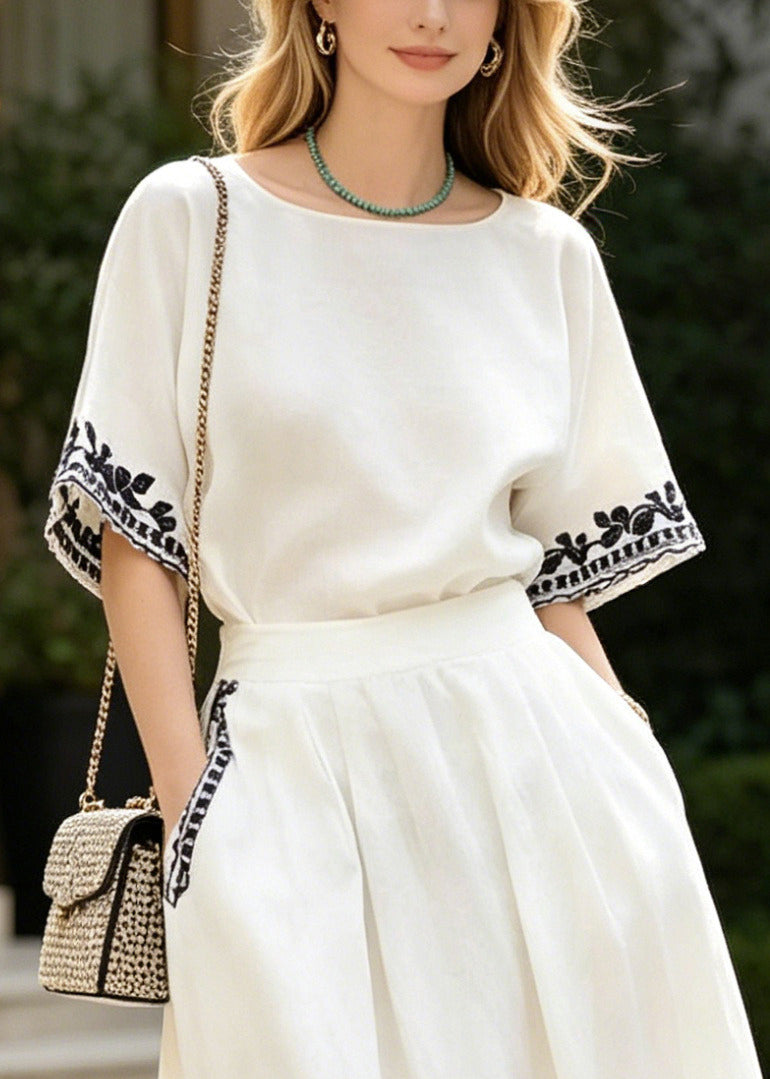 White Embroidered Linen Two Piece Set Summer