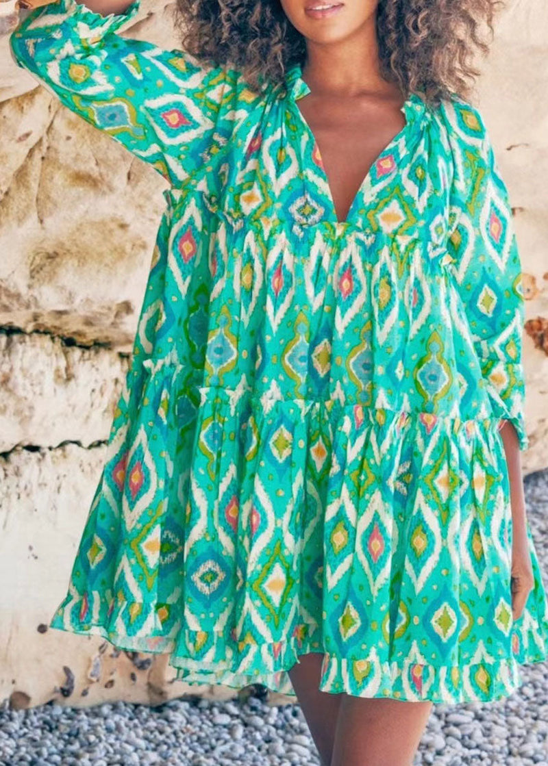 Green V Neck Ruffled Patchwork Print Top Long Sleeve
