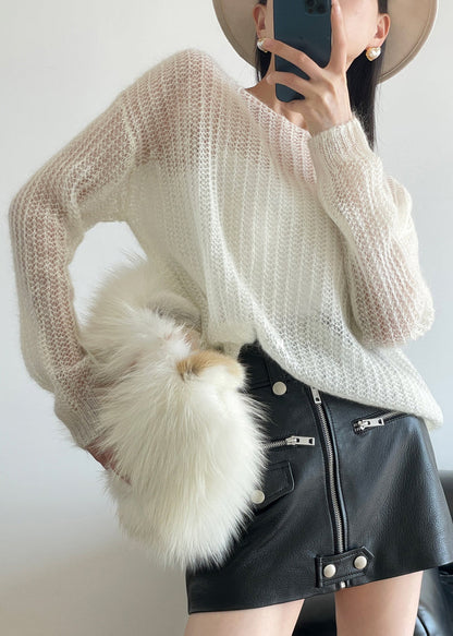 White Cozy Knit Sweater Hollow Out Winter