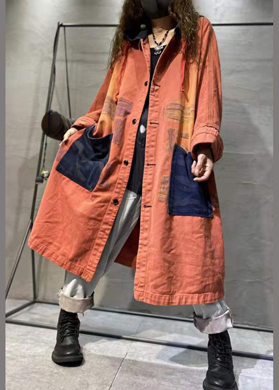 Handmade Orange Pockets Button Fall Denim Long Sleeve Coat