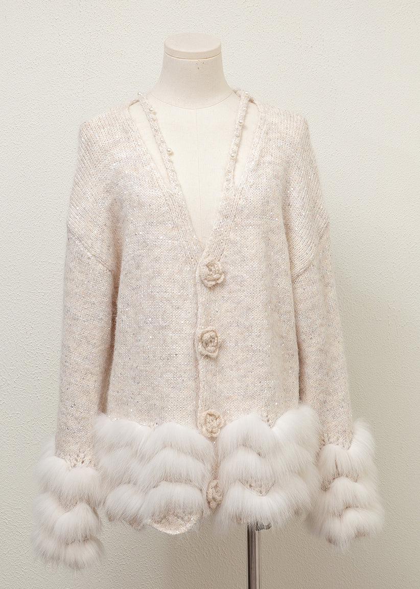 Grey V Neck Fox Fur Pearl Patchwork Knit Sweaters Winter