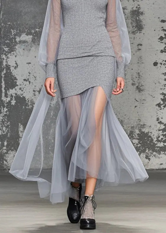 Grey V Neck Patchwork Tulle Knitwear Dress Fall
