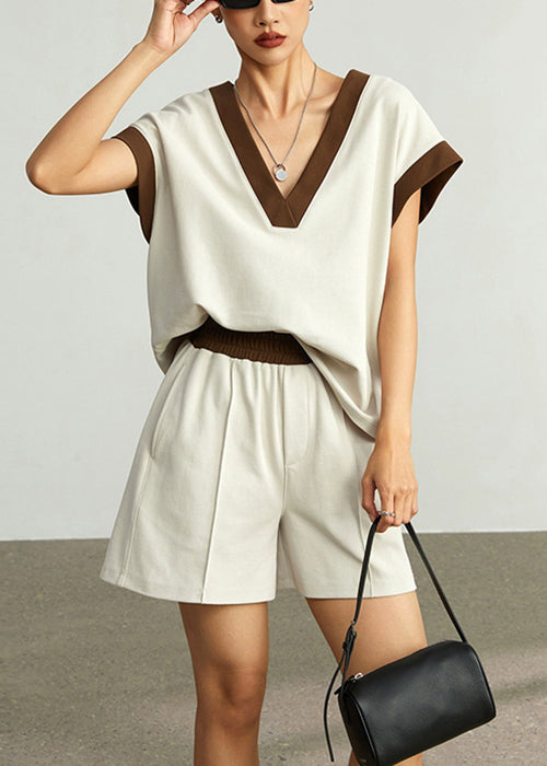 Coffee V Neck Elastic Waist Cotton Two Pieces Set Summer