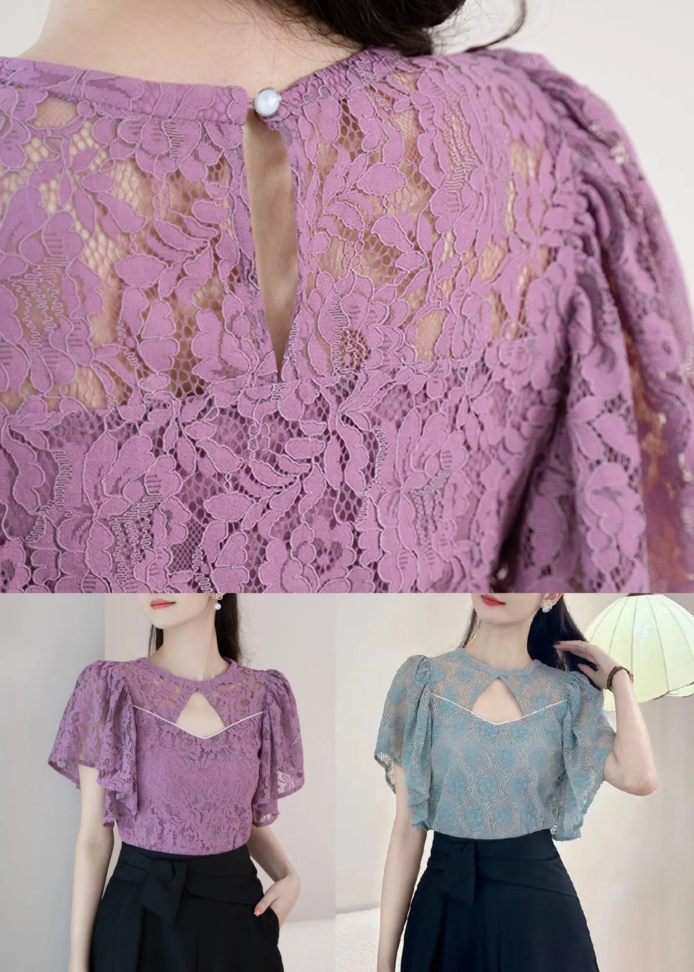 New Purple O-neck Hollow Out Lace Shirt Summer