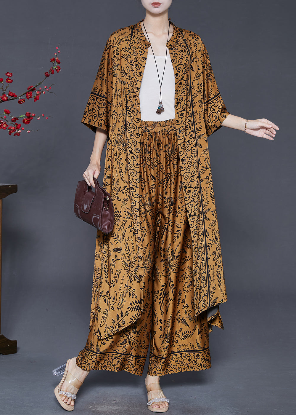 Brown Oversized Print Silk Two Pieces Set Summer