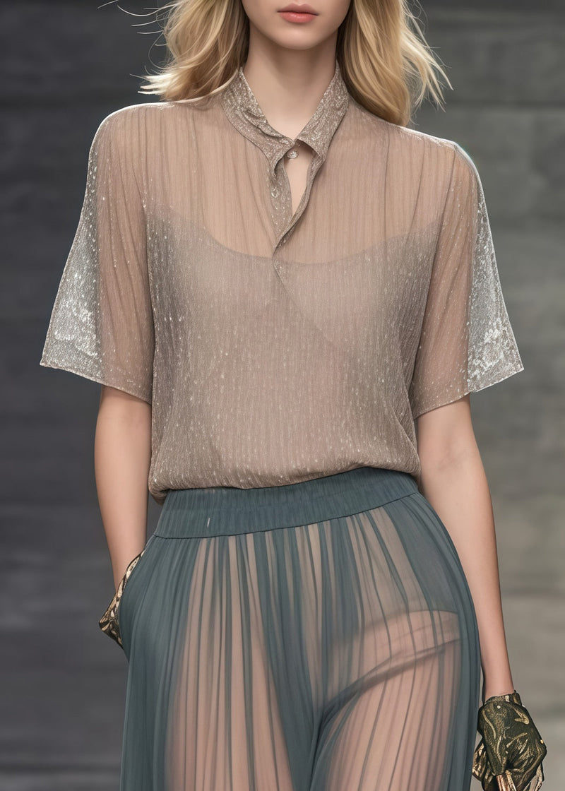 Khaki Stand Collar Sheer Tulle Blouse Tops Summer