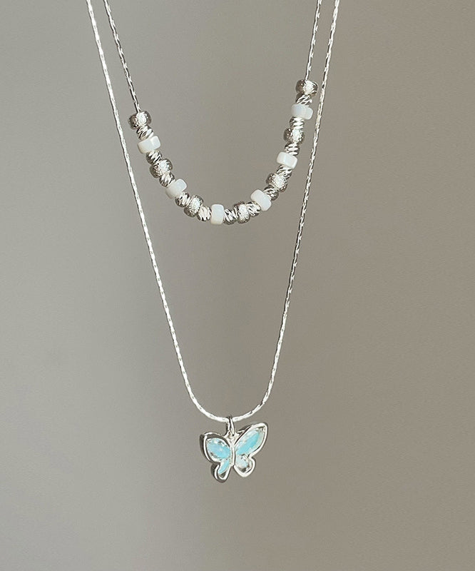 Boutique Blue Copper Crystal Butterfly Double-layer Pendant Necklace