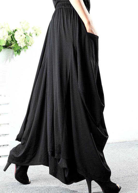 Style Black Asymmetrical Pockets Cotton Pants Spring