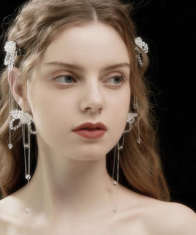 White Alloy Crystal Butterfly Tassel Drop Earrings