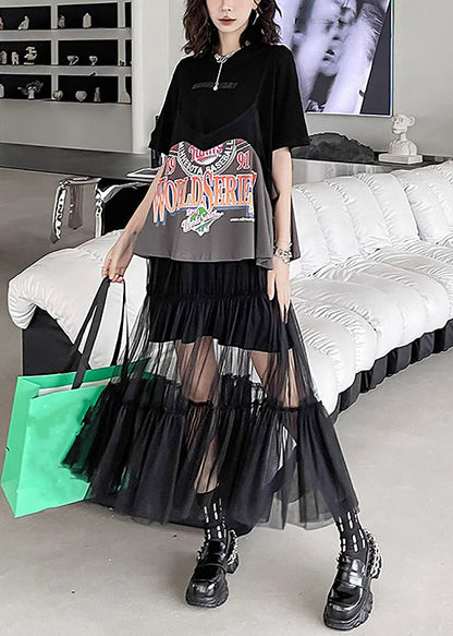 New Black O-neck Print Wrinkled Tulle Patchwork Two Pieces Set Summer