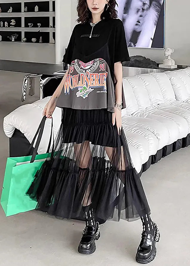 New Black O-neck Print Wrinkled Tulle Patchwork Two Pieces Set Summer