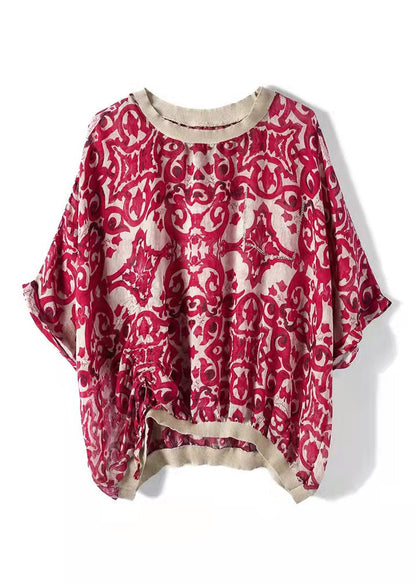 Red O-neck Print Chiffon Top Long Sleeve