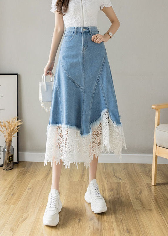 Light Blue Asymmetrical Design Lace Patchwork Denim Skirt Spring