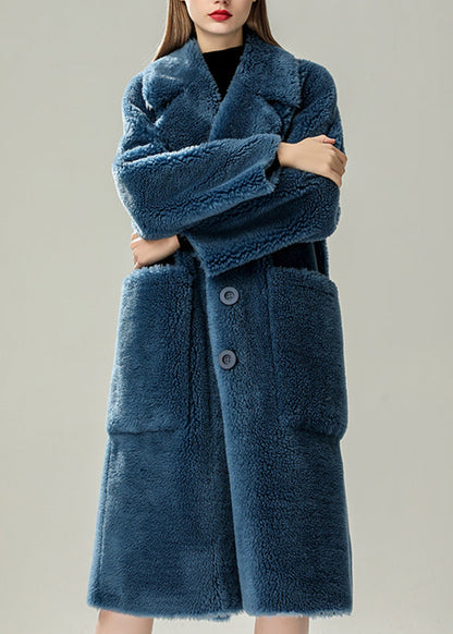 Blue Patchwork Button Faux Fur Maxi Coats Winter