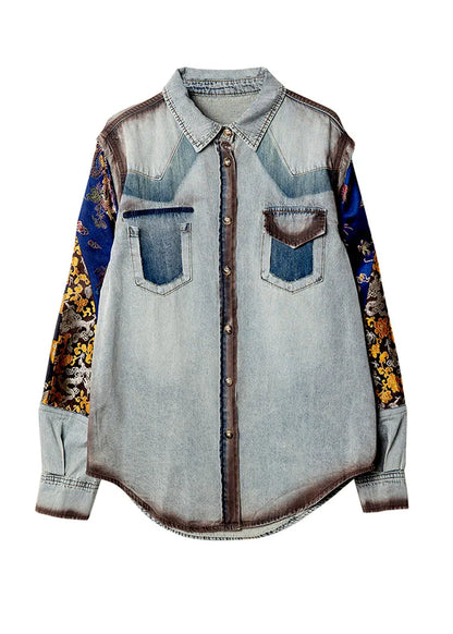 Unique Blue Oversized Patchwork Print Denim Coats Spring