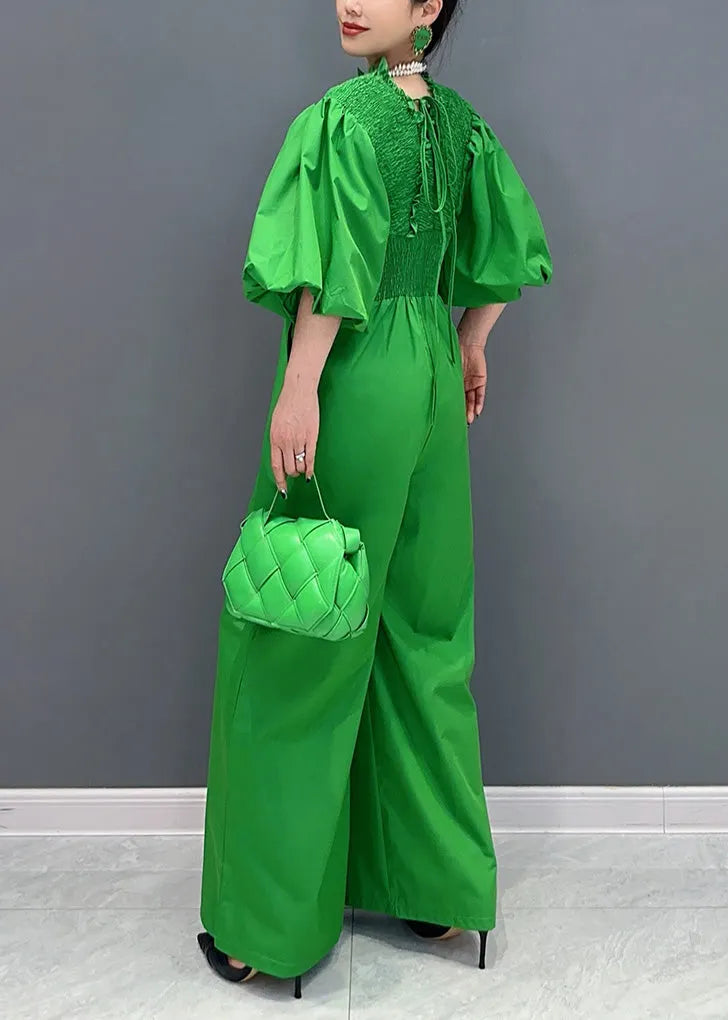 Green V Neck Wrinkled Elastic Waist Jumpsuit Summer