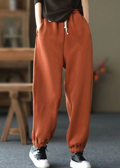 Orange Pockets Elastic Waist Warm Fleece Pants Spring