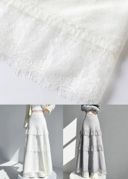 Apricot Lace Patchwork Knit Skirt Elastic Waist