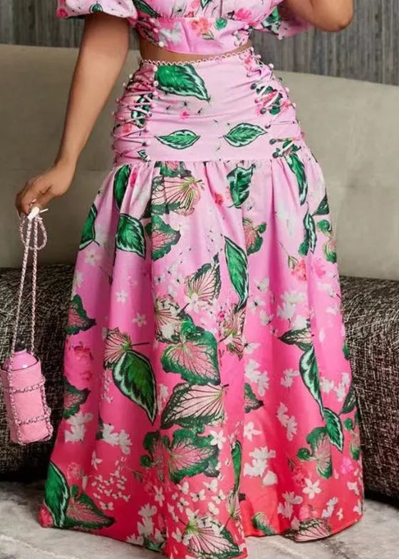 New Pink Gradient Color Print Tops and Skirts Cotton Two Pieces Set Summer