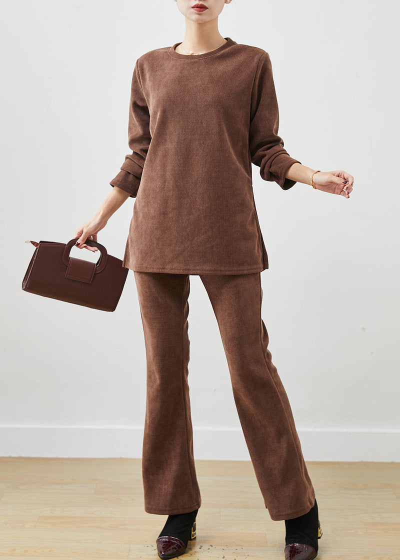 Brown Side Open Corduroy Two Piece Set Spring