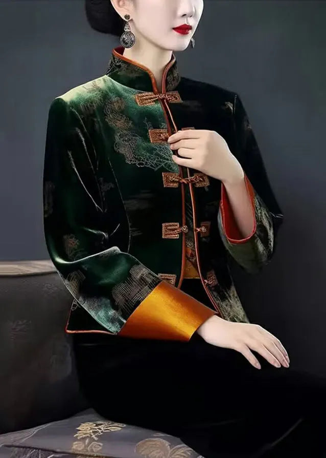 Top Quality Green Embroideried Button Patchwork Silk Coat Fall