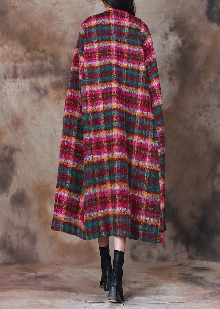 Classy Plaid O-neck Double Breast Woolen Coat Cloak Sleeves