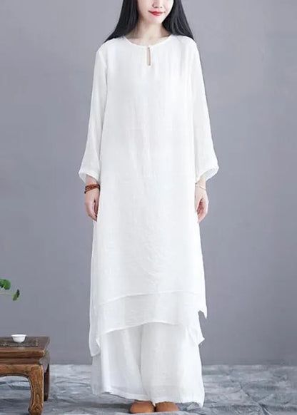 White O Neck Side Open Cotton Two Pieces Set Long Sleeve