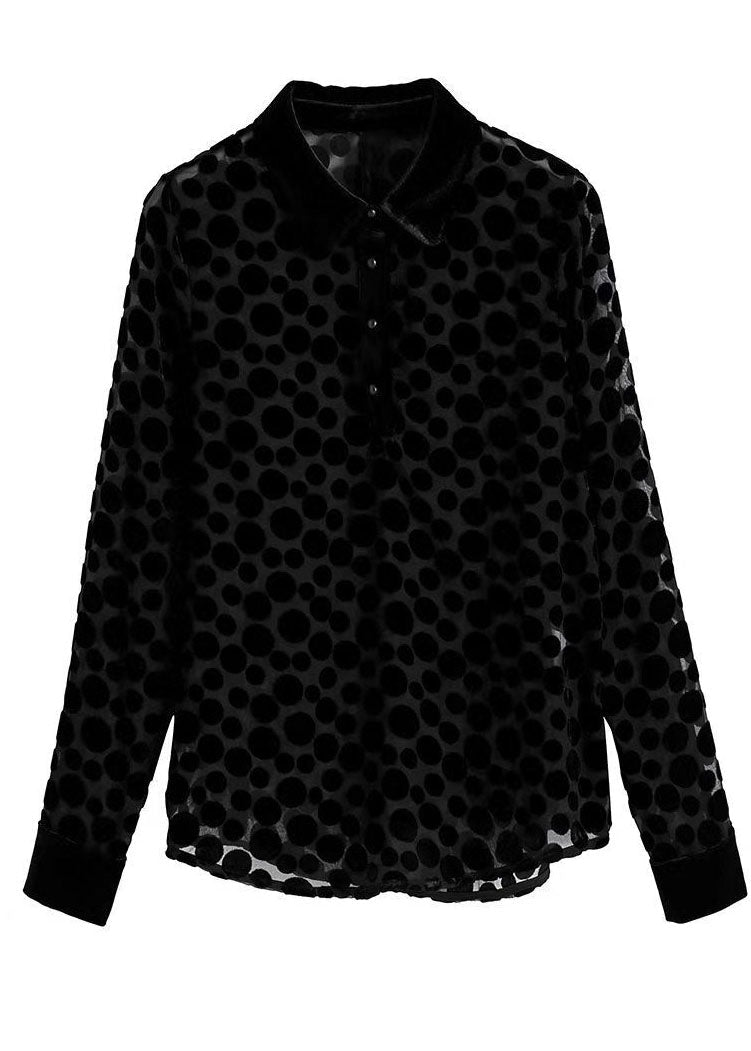 Black Peter Pan Collar Dot Hollow Out Silk Velour Shirt Tops Long Sleeve