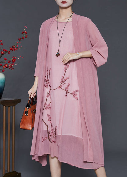Brick Pink Plum Blossom Embroidered Chiffon 2 Piece Outfit Summer