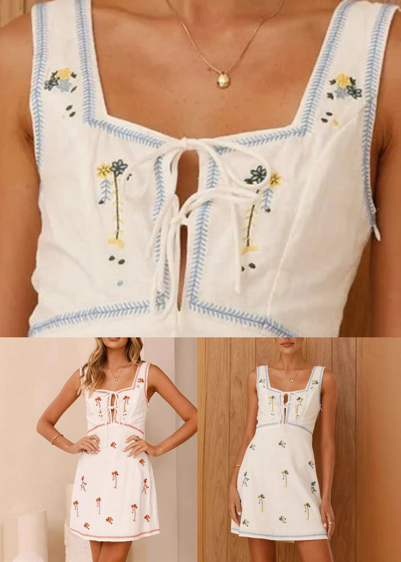 Slim Fit Blue Square Collar Print Mid Dress Sleeveless