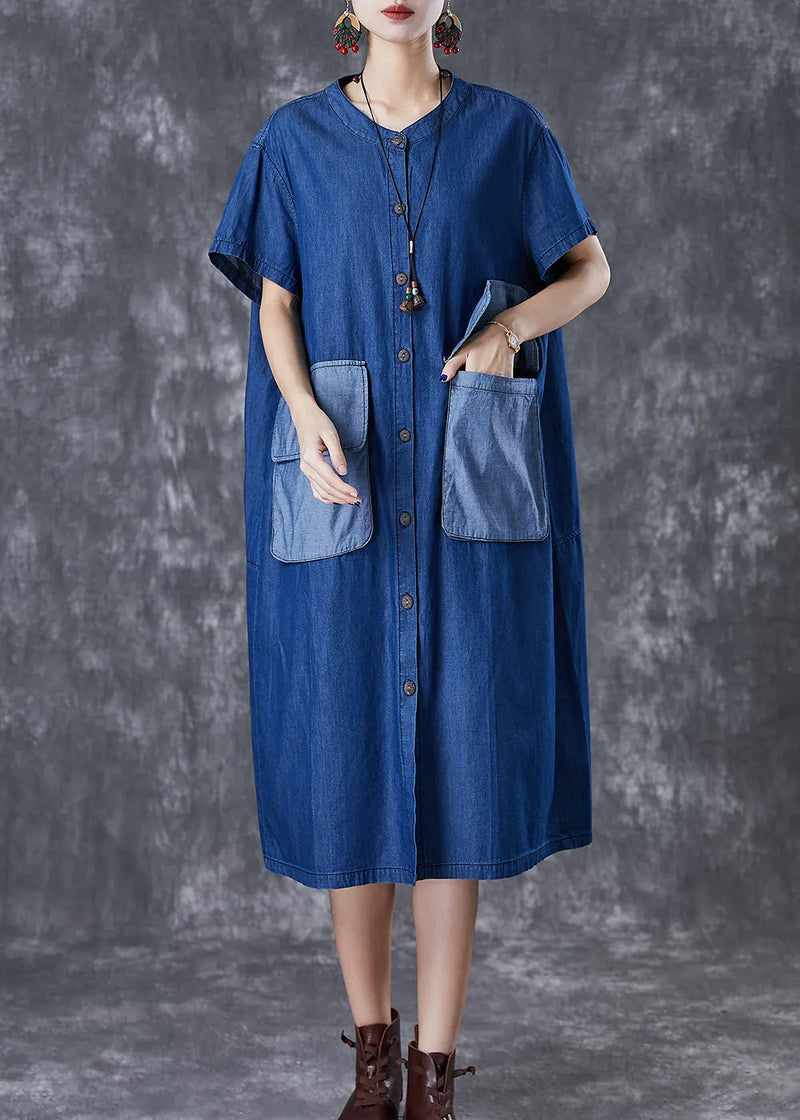 Navy Oversized Patchwork Pockets Denim Maxi Dresses Summer