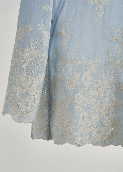 Sky Blue Embroidered Hollow Out Cotton Top Fall
