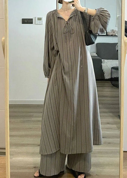 Grey Striped Patchwork Cotton Two Pieces Set Pajamas Long Sleeve Spring