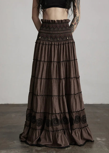 Brown Embroidered Tasseled Cotton Holiday Skirt Spring