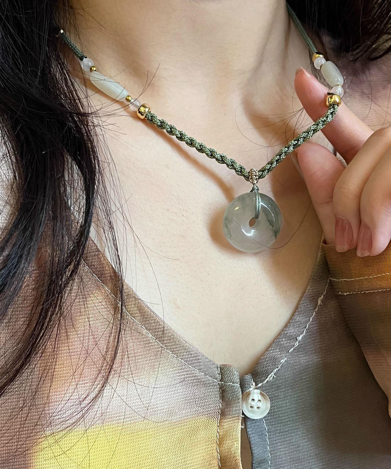 Retro Green Weaving Jade Ping an Buckle Pendant Necklace