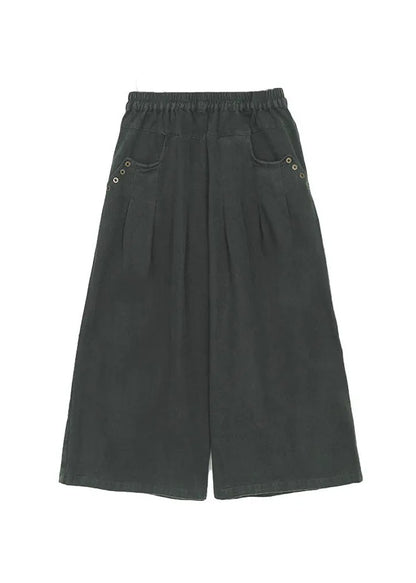 Red Pockets Elastic Waist Cotton Wide Leg Pants Spring