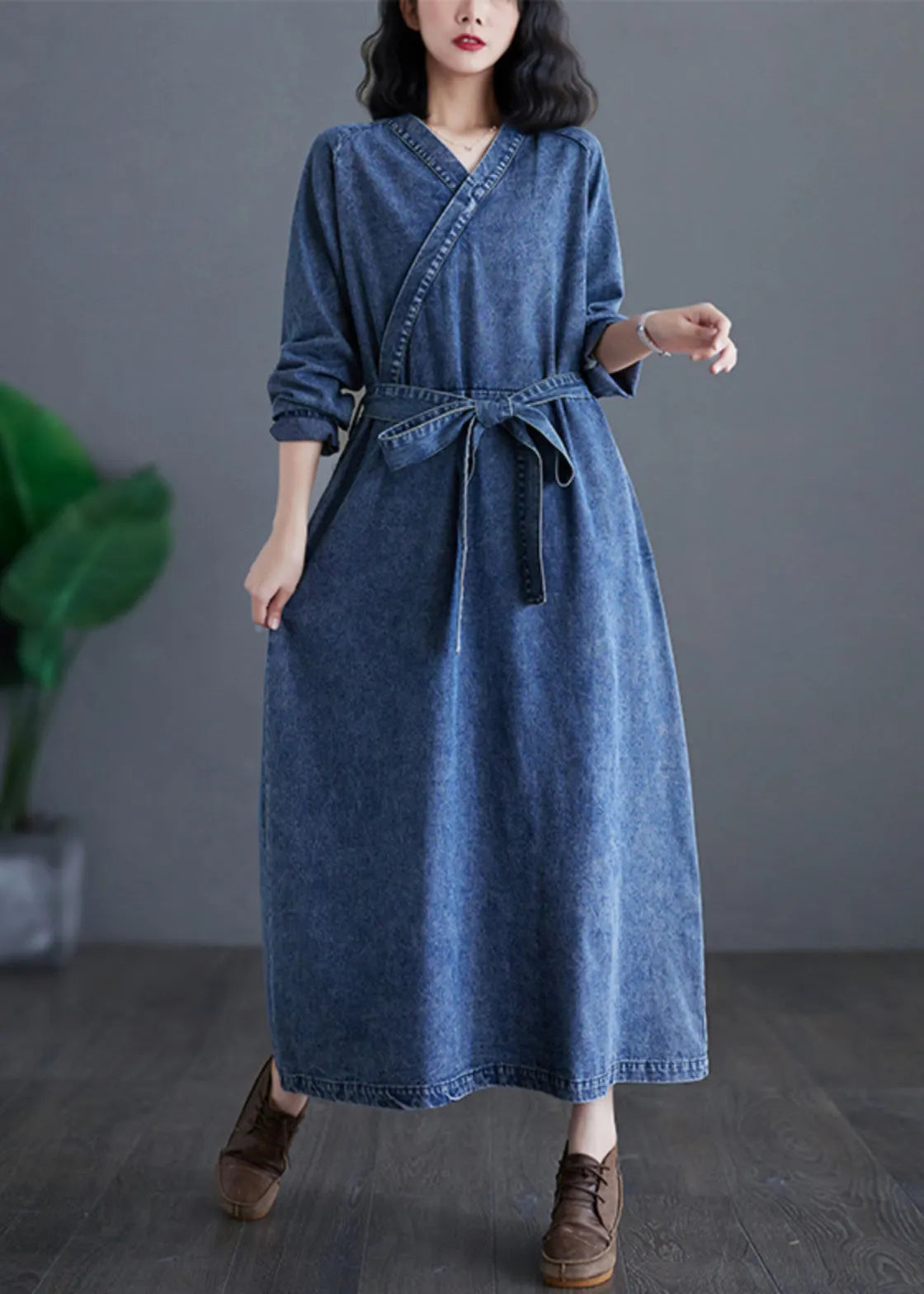 Handmade Denim Blue V Neck Patchwork Tie Waist Party Long Dress Long Sleeve
