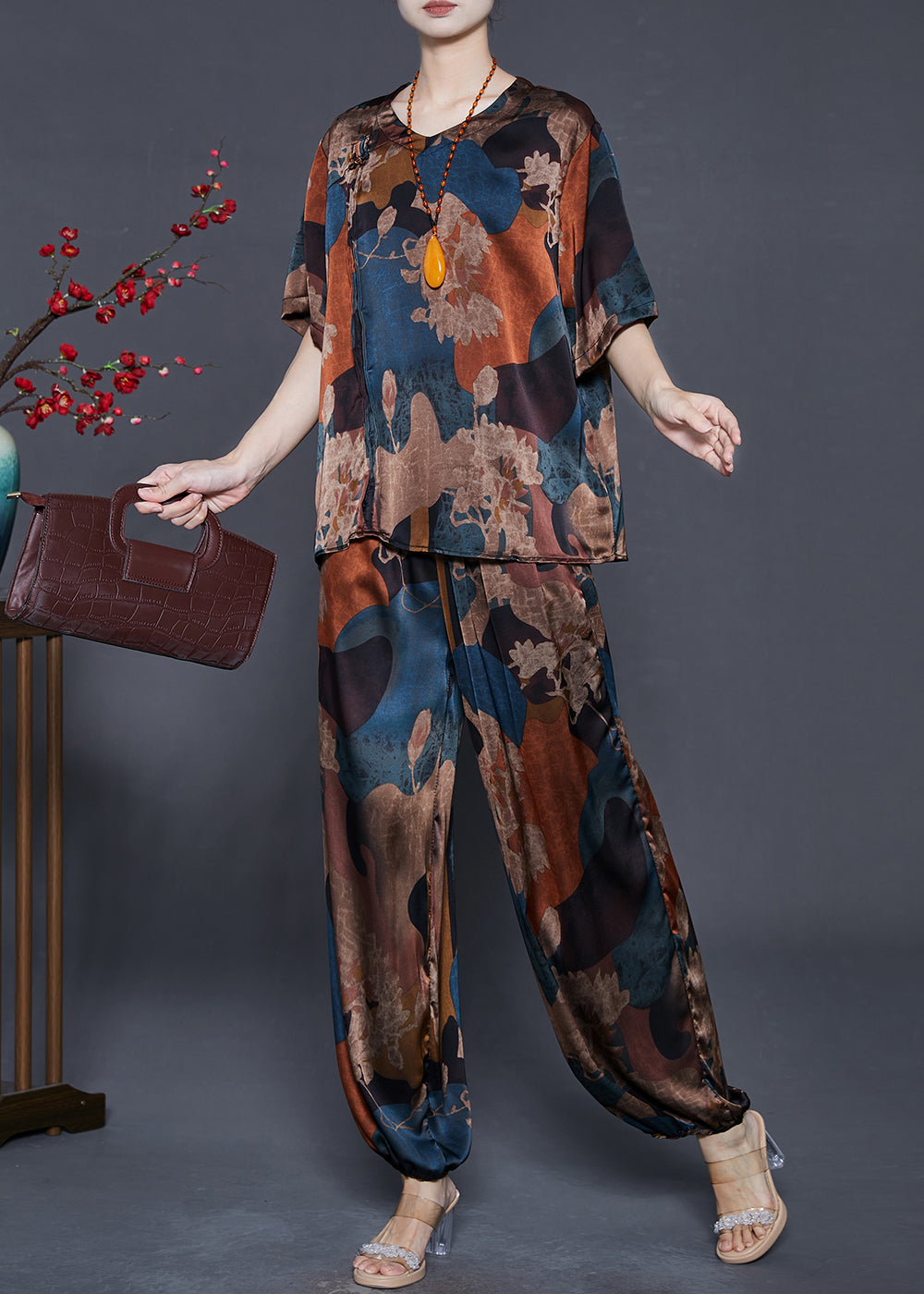 Blue Print Silk Sets 2 Pieces Oversized Summer