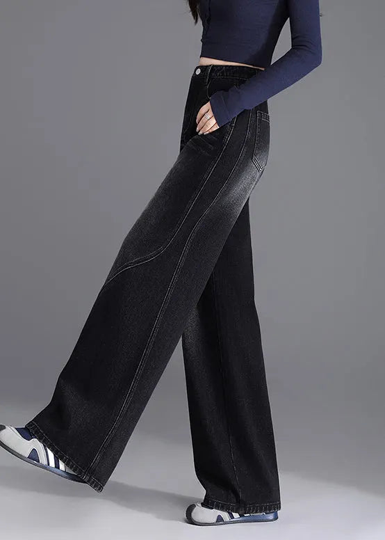 Unique Black Pockets Patchwork Denim Pants Spring