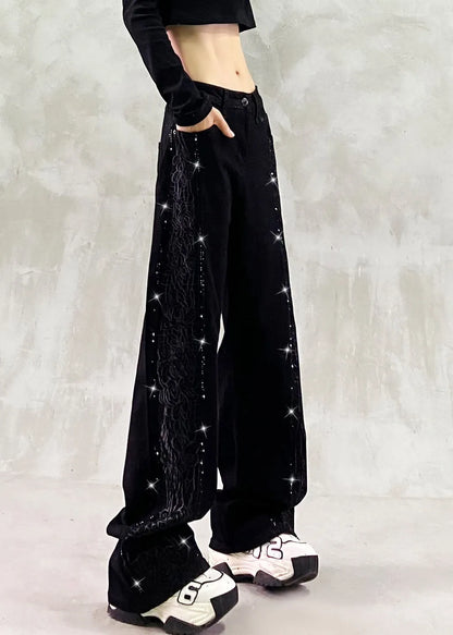 Boutique Blue Embroidered Zircon Patchwork Denim Pants Fall
