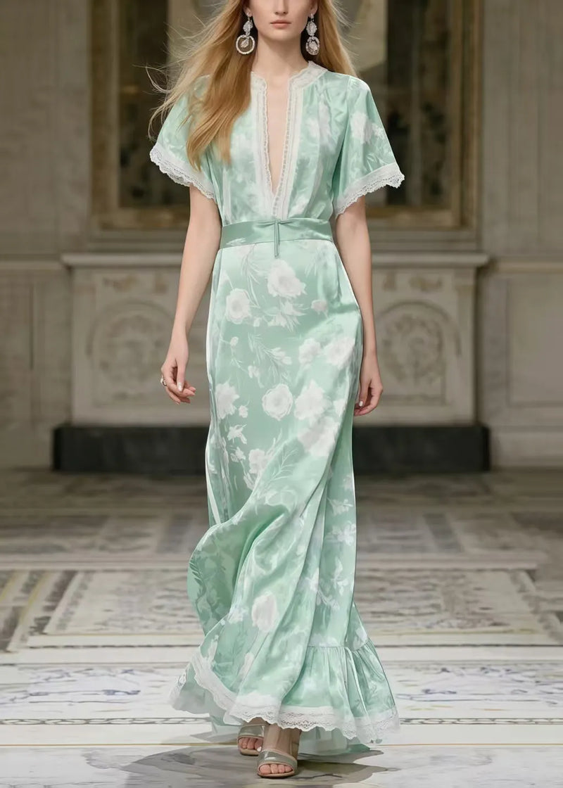 Art Light Green Print Patchwork Lace Party Dress Summer
