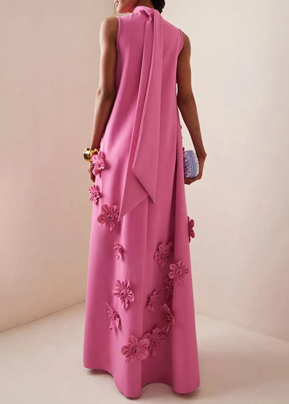 Pink Lace Up Pockets Cotton Long Dress Sleeveless